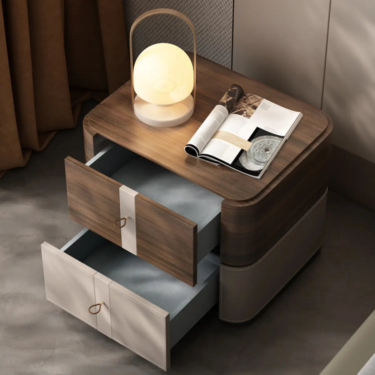 Rounded Wood and Beige Two-Tier Storage Nightstand Image - 5