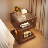 Rubberwood and Glass Nut-Brown Shelves Nightstand with Light Image - 13