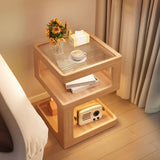 Rubberwood and Glass Nut-Brown Shelves Nightstand with Light Image - 5