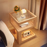 Rubberwood and Glass Nut-Brown Shelves Nightstand with Light Image - 7