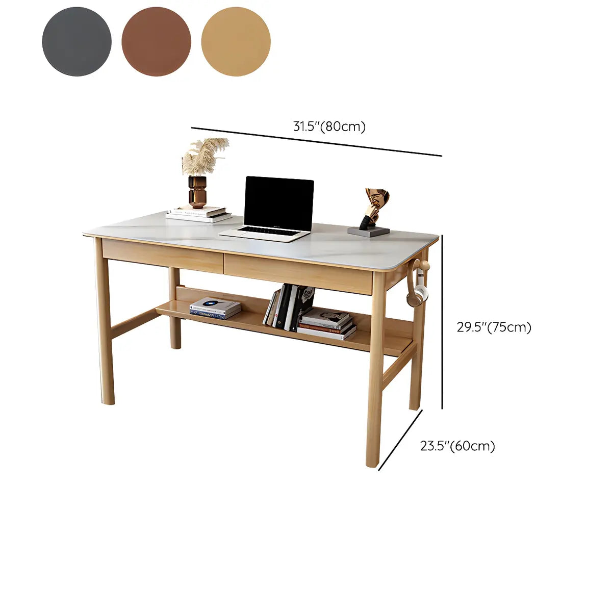 Rubberwood Exterior Shelf Drawers H-Shaped Writing Desk 