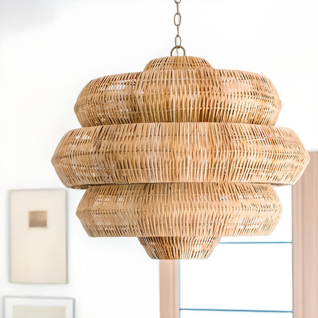 Rustic 5 Tiers Rattan Drum Chandelier Adjustable Height Image - 2