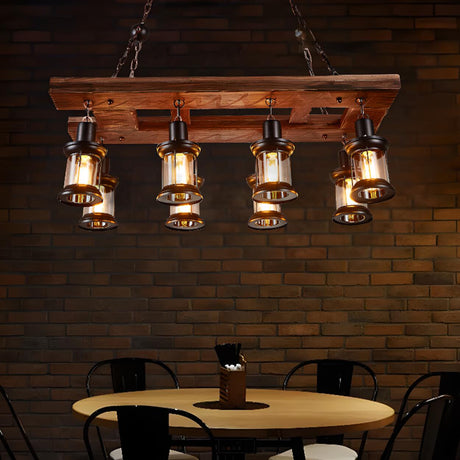 Rustic 8-Light Lantern Wooden Island Pendant Light Image - 1