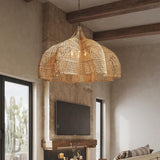 Rustic Adjustable Height Rattan Metal Cane Chandelier Image - 4