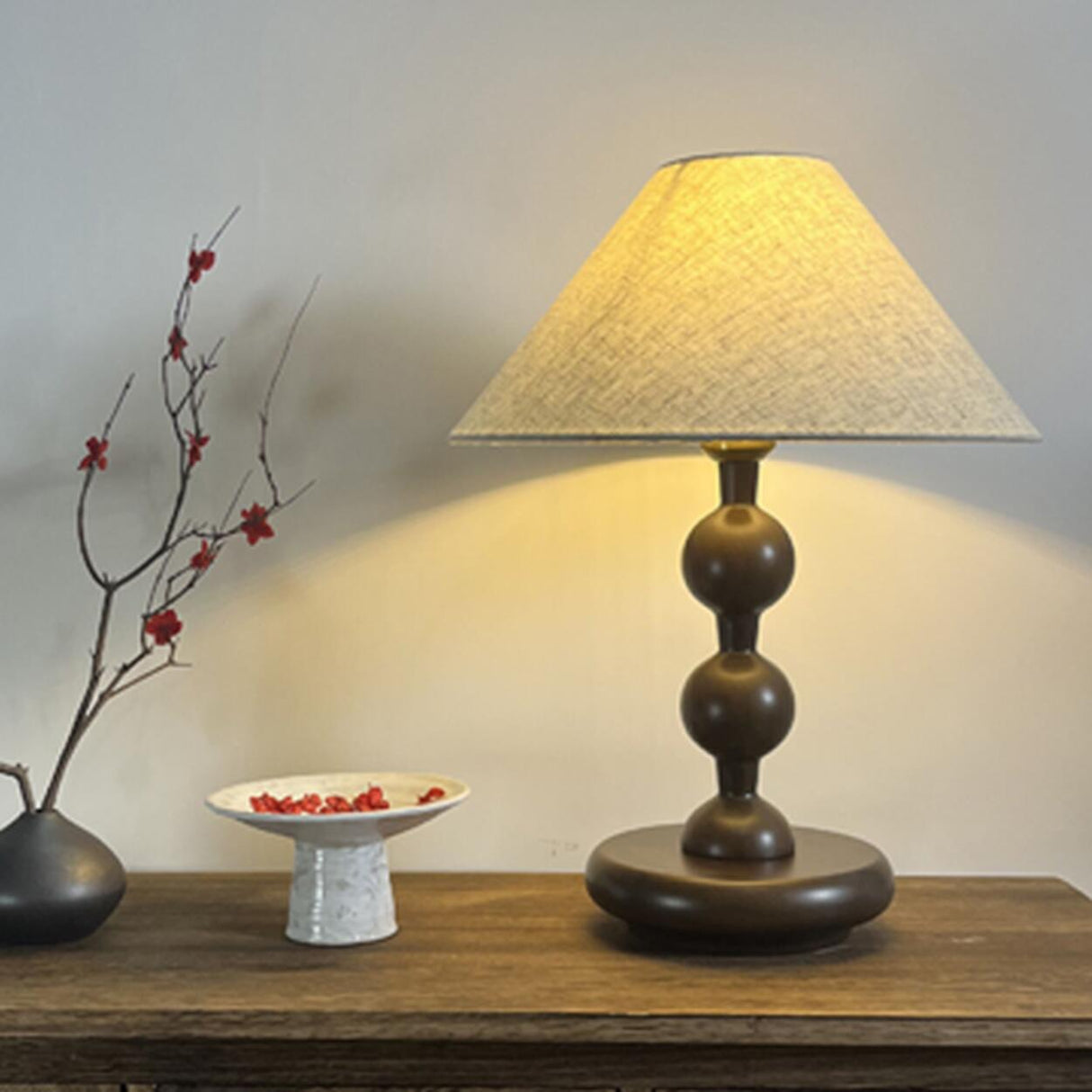 Rustic and Textured Fabric Lampshade Wooden Table Lamp Image - 2