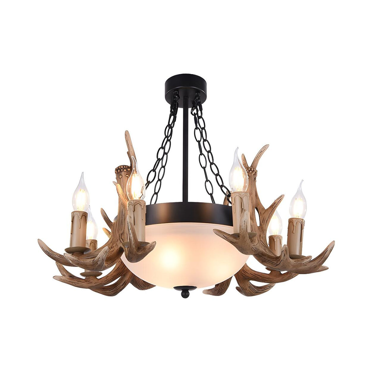 Rustic Antler Frosted Glass Candle Pendant Chandelier Image - 4