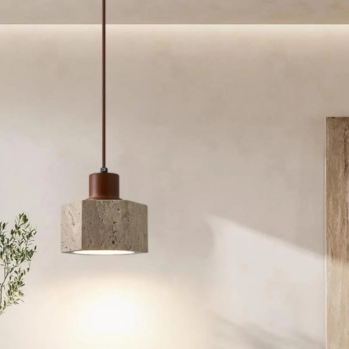 Rustic Bedroom Khaki Square Stone Pendant Light Image - 3