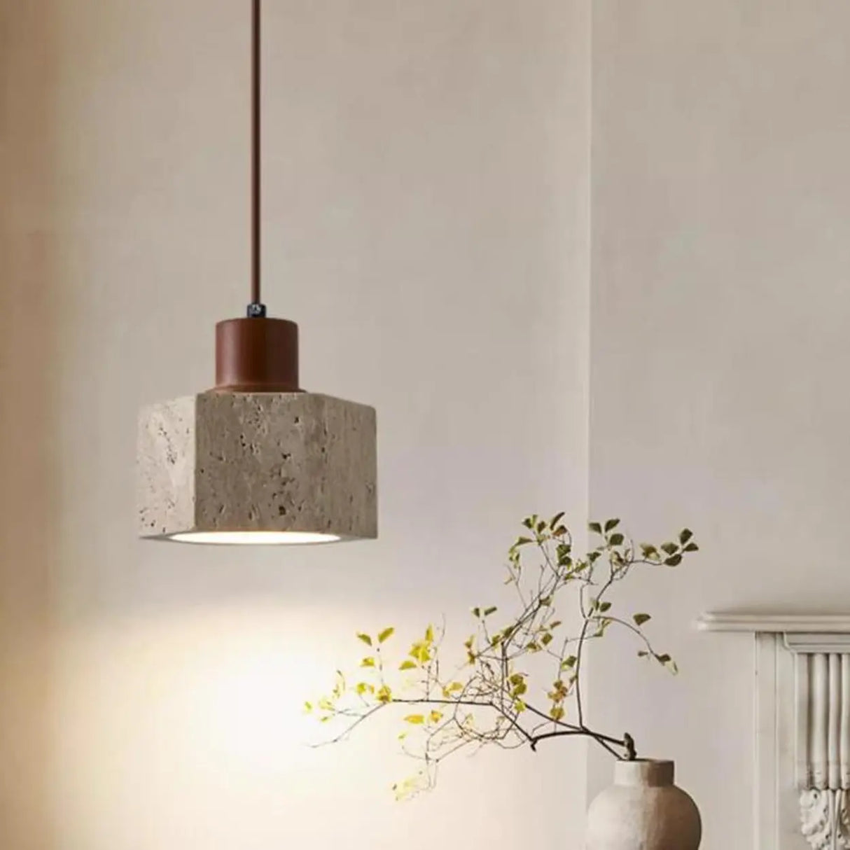 Rustic Bedroom Khaki Square Stone Pendant Light Image - 4