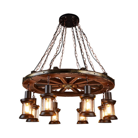 Rustic Bedroom Wagon Wheel Wooden Lantern Chandelier Image - 2