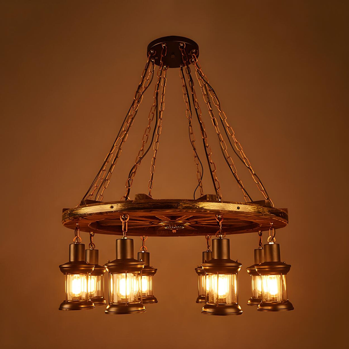 Rustic Bedroom Wagon Wheel Wooden Lantern Chandelier Image - 3