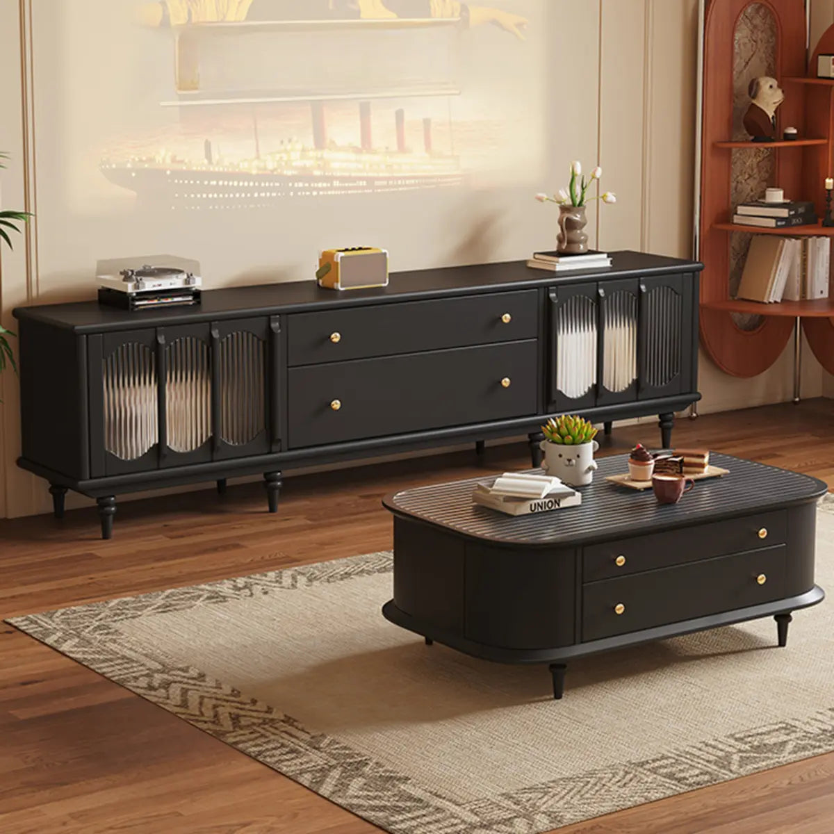 Rustic Black Solid Wood Drawers Cabinet Long TV Stand Image - 1