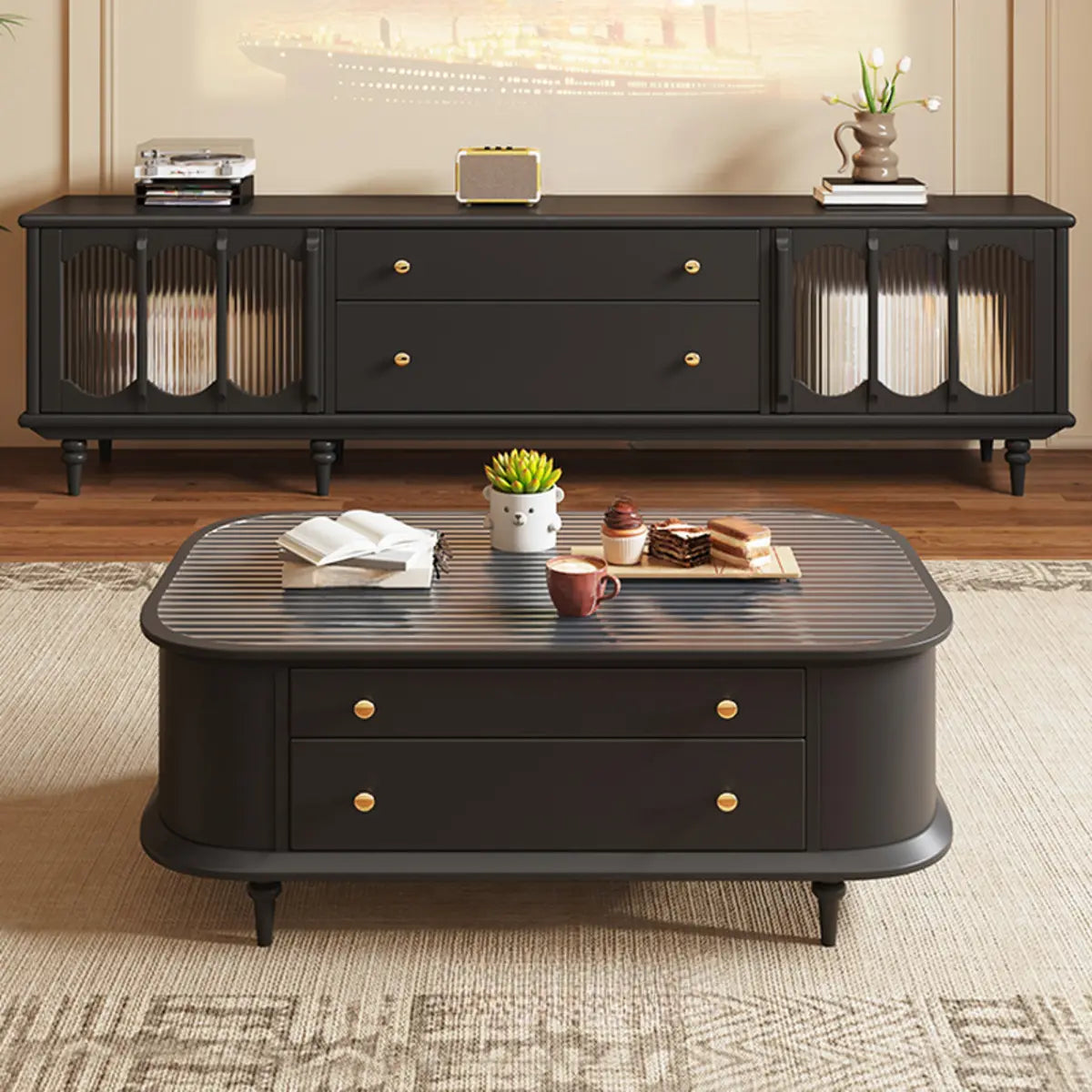 Rustic Black Solid Wood Drawers Cabinet Long TV Stand Image - 5