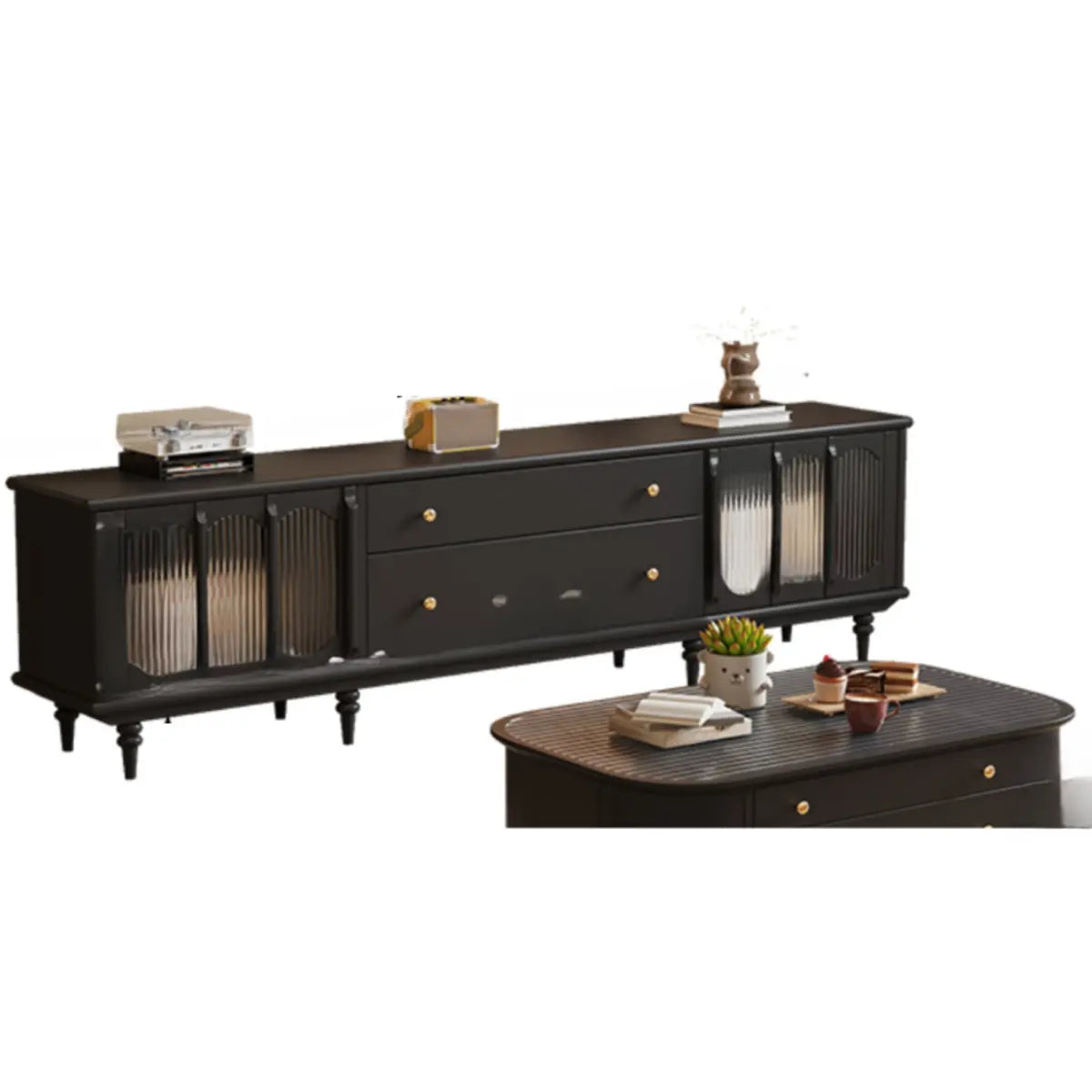 Rustic Black Solid Wood Drawers Cabinet Long TV Stand Image - 7