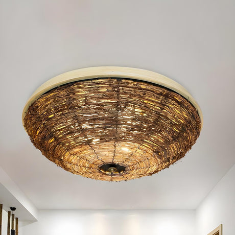 Rustic Bowl-Shaped Rattan Bamboo Wood Flush Mount Light Image - 1