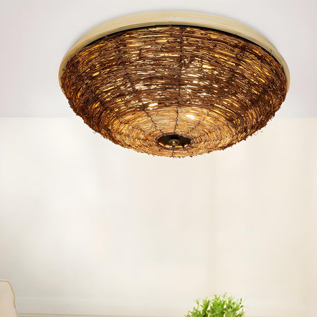 Rustic Bowl-Shaped Rattan Bamboo Wood Flush Mount Light Image - 2