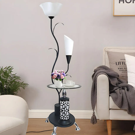 Rustic Branch Black Floral and Cone Floor Lamp with Shelf Image - 1