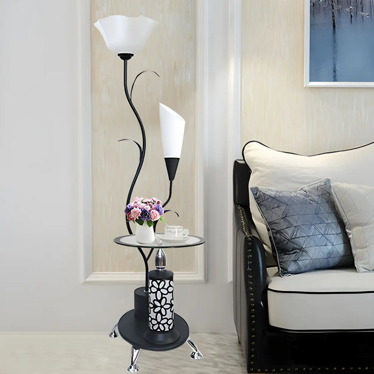 Rustic Branch Black Floral and Cone Floor Lamp with Shelf Image - 2