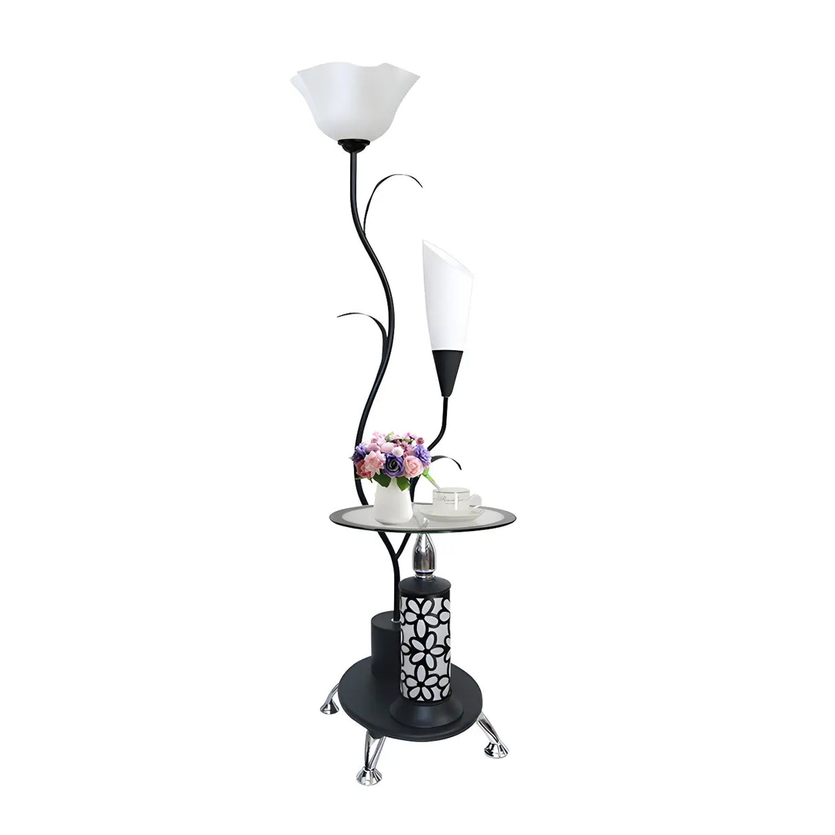 Rustic Branch Black Floral and Cone Floor Lamp with Shelf Image - 3