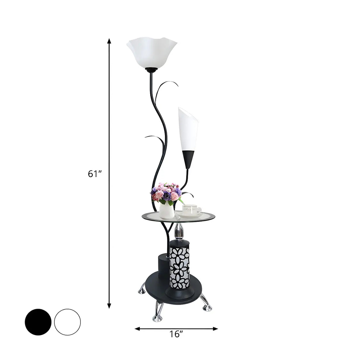 Rustic Branch Black Floral and Cone Floor Lamp with Shelf 