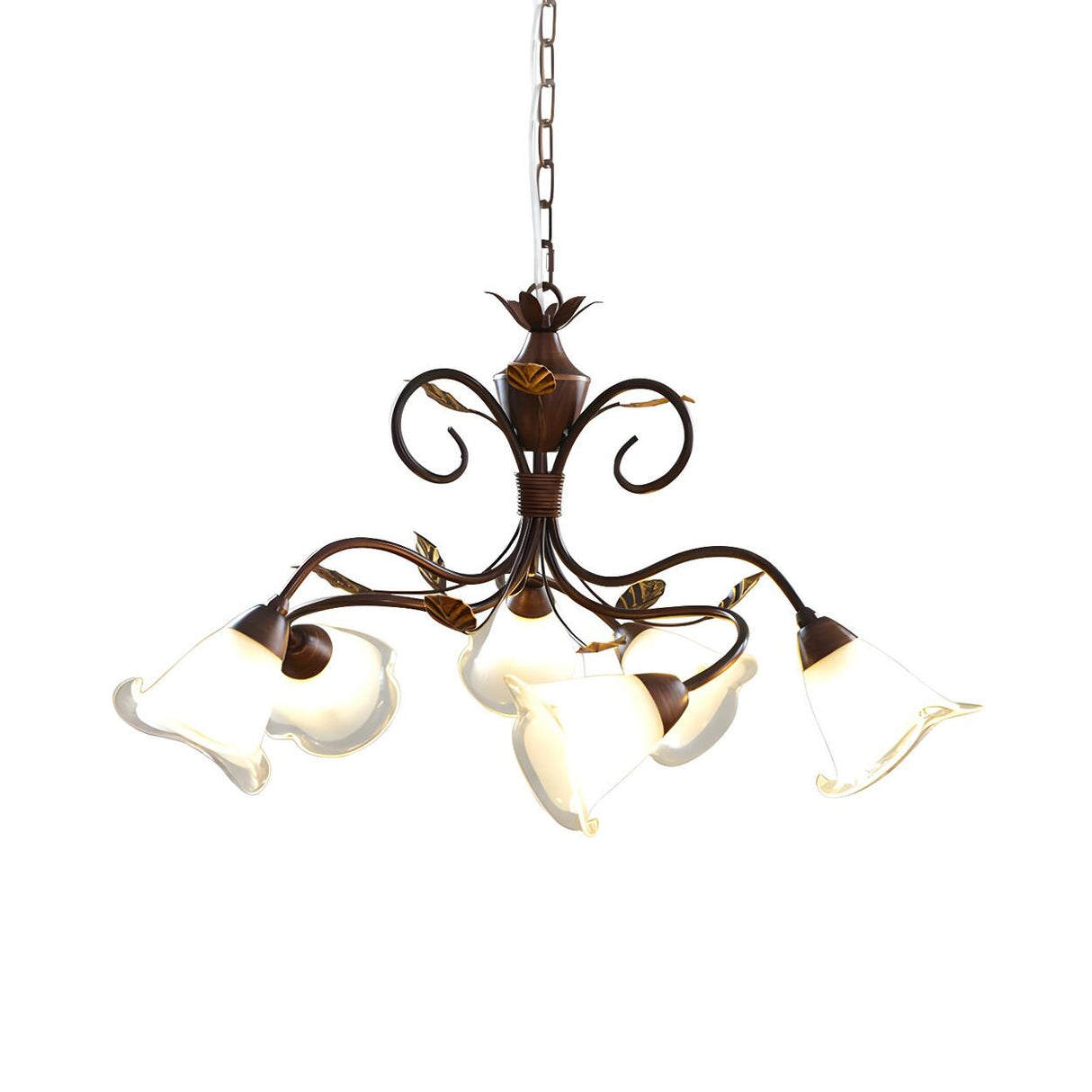 Rustic Brown Bronze Bell Opal Glass Flower Chandelier Image - 4