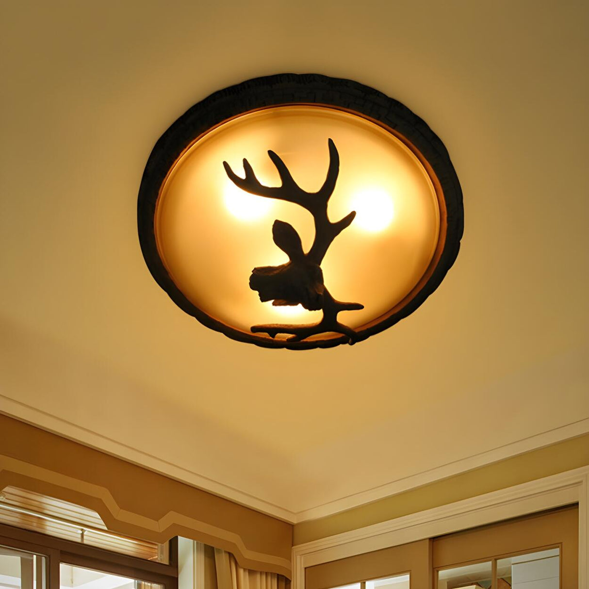 Rustic Brown Deer Dome Resin Flush Mount Ceiling Light Image - 1