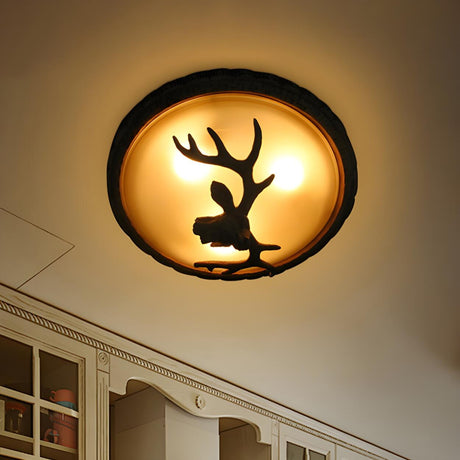 Rustic Brown Deer Dome Resin Flush Mount Ceiling Light Image - 2