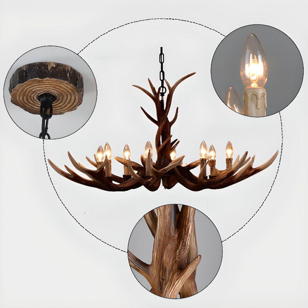 Rustic Brown Resin Antler Candle Bulbs Chandelier Image - 8