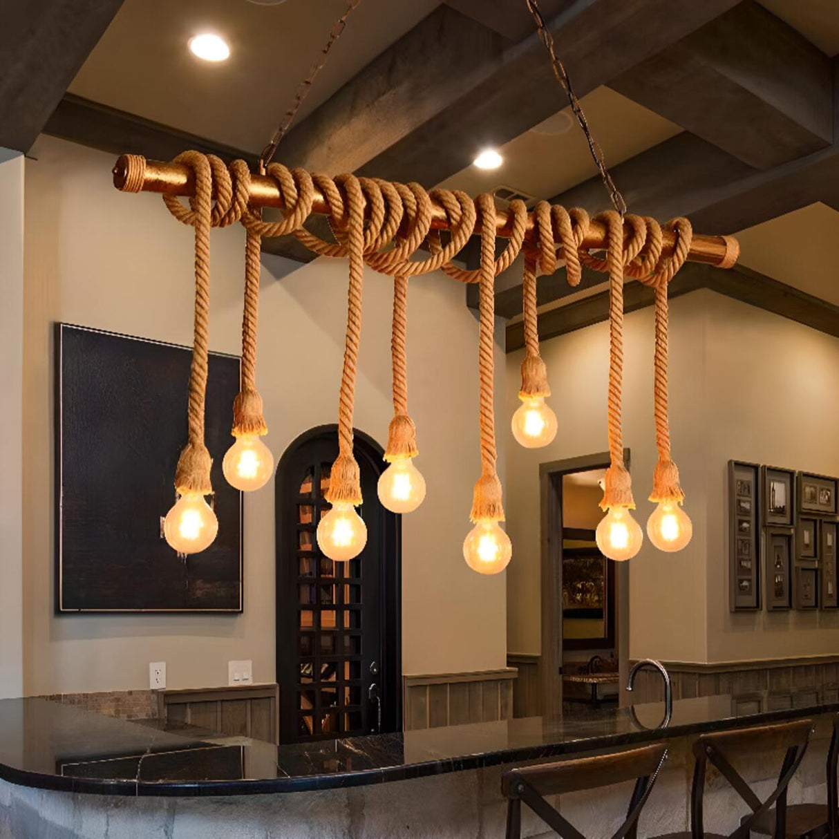 Rustic Brown Rope Kitchen Island Chandelier Lighting Image - 1