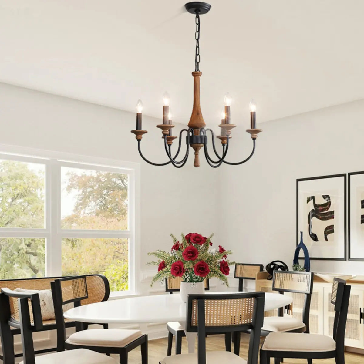 Rustic Candle Black Branch Wood Dining Room Chandelier Image - 1