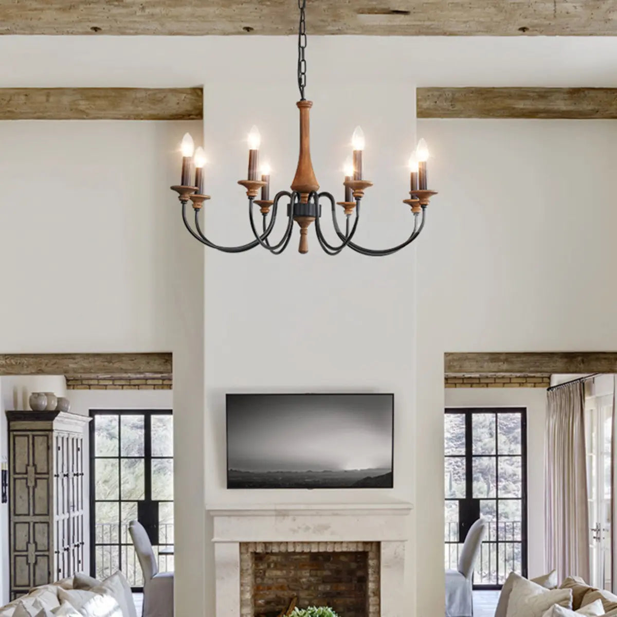 Rustic Candle Black Branch Wood Dining Room Chandelier Image - 5