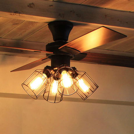 Rustic Casual Wood Flush Mount Caged Ceiling Fan Light Image - 1