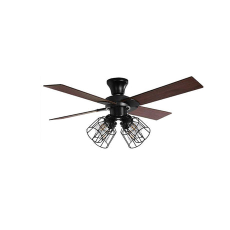 Rustic Casual Wood Flush Mount Caged Ceiling Fan Light Image - 2