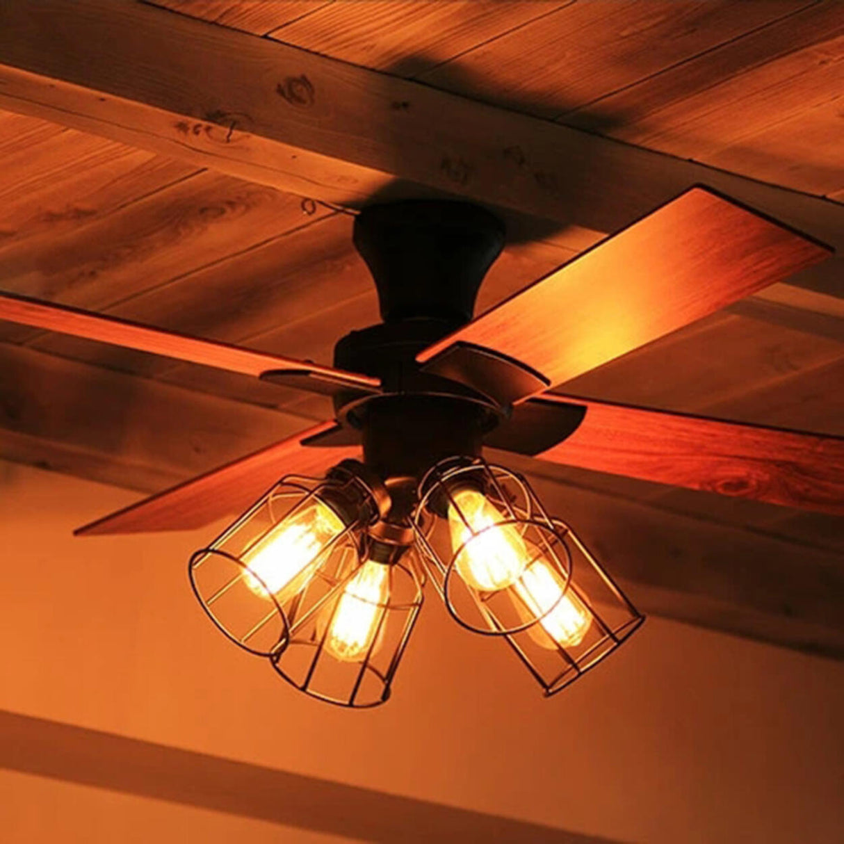 Rustic Casual Wood Flush Mount Caged Ceiling Fan Light Image - 4