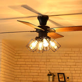 Rustic Casual Wood Flush Mount Caged Ceiling Fan Light Image - 6