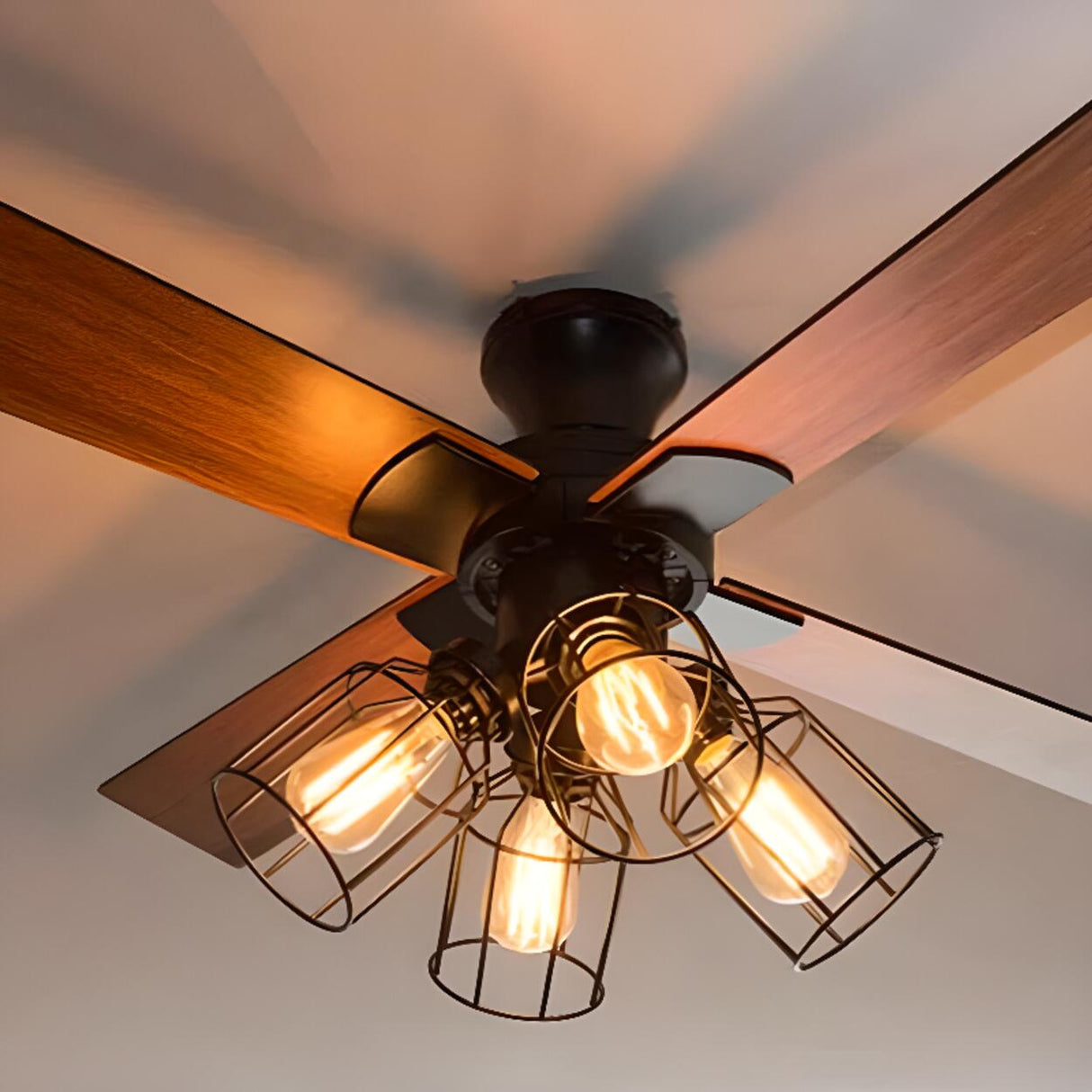 Rustic Casual Wood Flush Mount Caged Ceiling Fan Light Image - 9