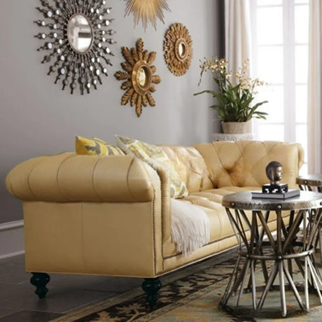 Rustic Chesterfield Yellow Rolled Arm Tufted Back Sofa Image - 2