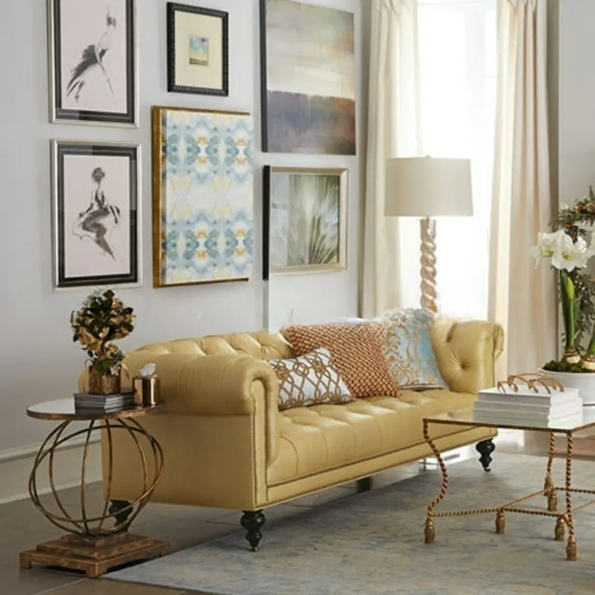 Rustic Chesterfield Yellow Rolled Arm Tufted Back Sofa Image - 3