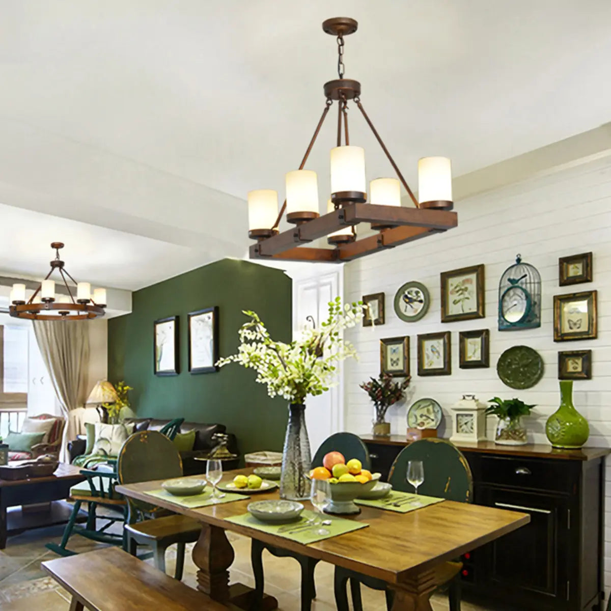 Rustic Cylindrical Alabaster Wooden Dining Room Chandelier Image - 2