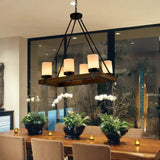 Rustic Cylindrical Alabaster Wooden Dining Room Chandelier Image - 3