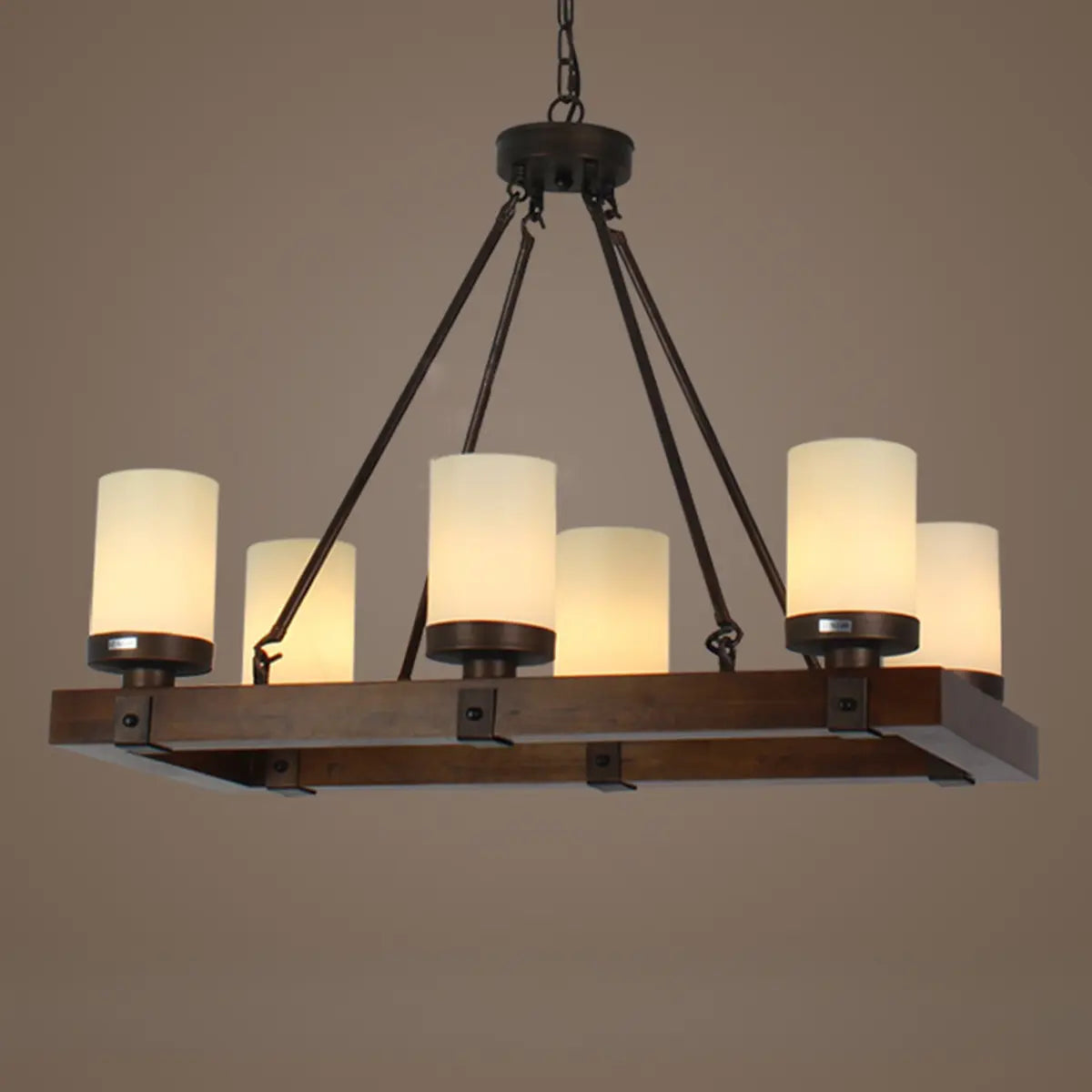 Rustic Cylindrical Alabaster Wooden Dining Room Chandelier Image - 6