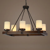 Rustic Cylindrical Alabaster Wooden Dining Room Chandelier Image - 6