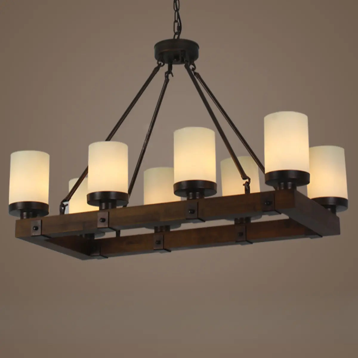 Rustic Cylindrical Alabaster Wooden Dining Room Chandelier Image - 7