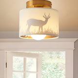 Rustic Deer Cylinder Fabric Semi-Flush Mount Light Image - 1