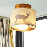 Rustic Deer Cylinder Fabric Semi-Flush Mount Light Image - 3