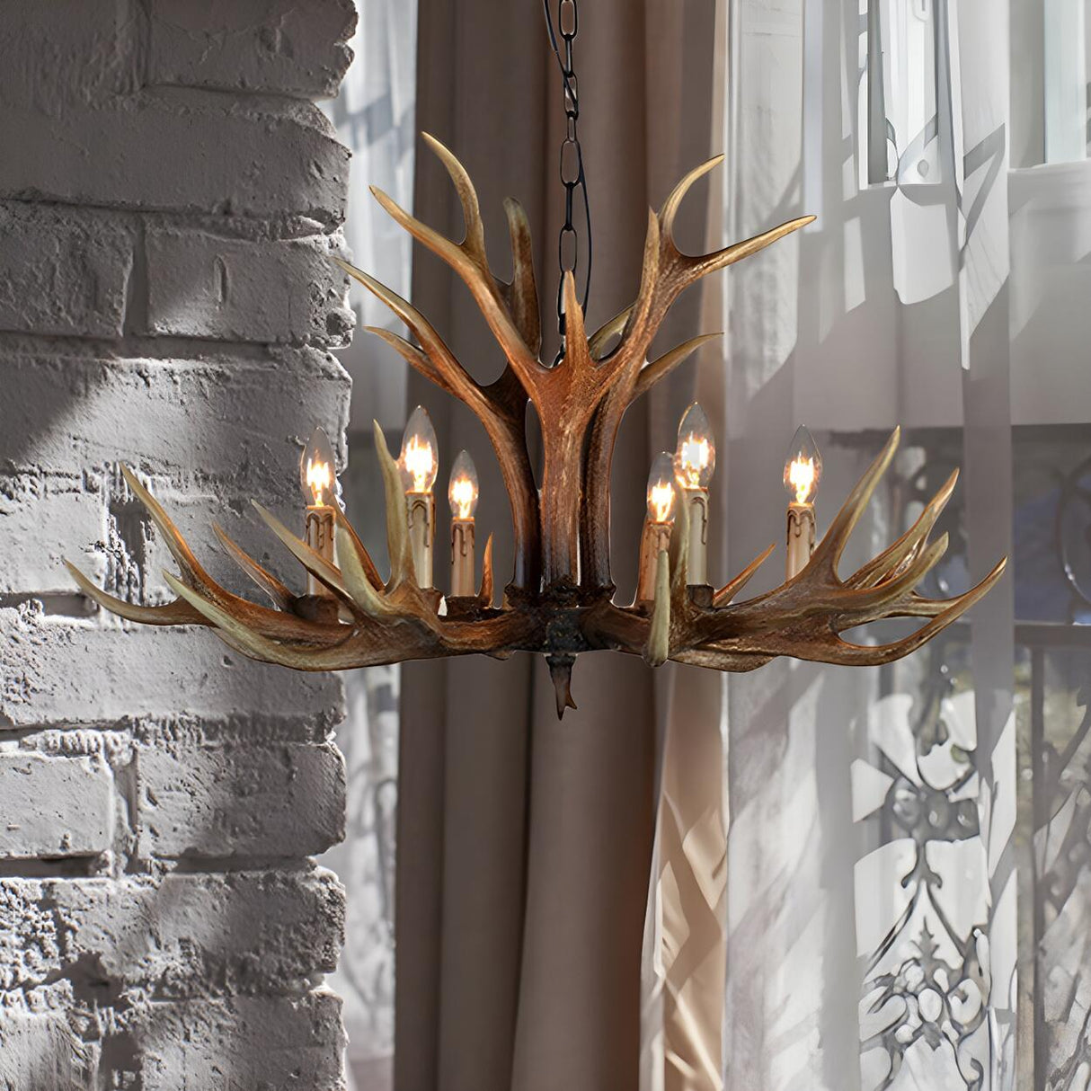 Rustic Dining Room Antler Resin Wood Candle Chandelier Image - 1