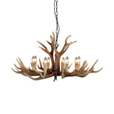 Rustic Dining Room Antler Resin Wood Candle Chandelier Image - 8