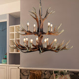 Rustic Dining Room Antler Resin Wood Candle Chandelier Image - 9