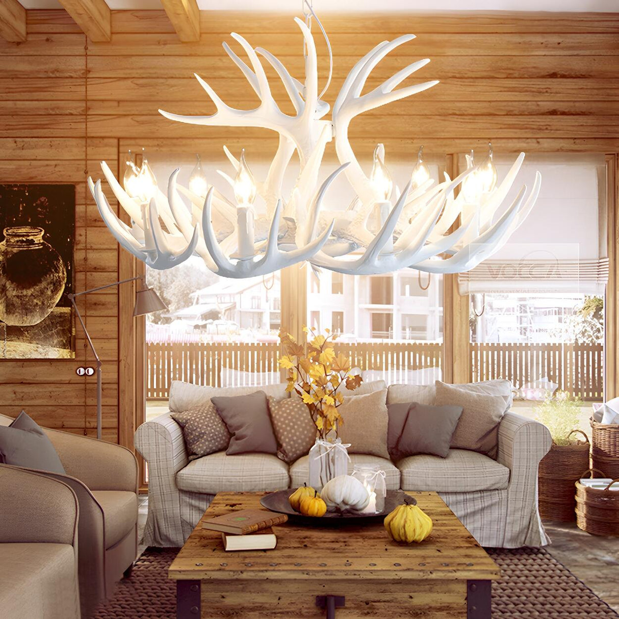 Rustic Dining Room White Resin Antler Chandelier Image - 7