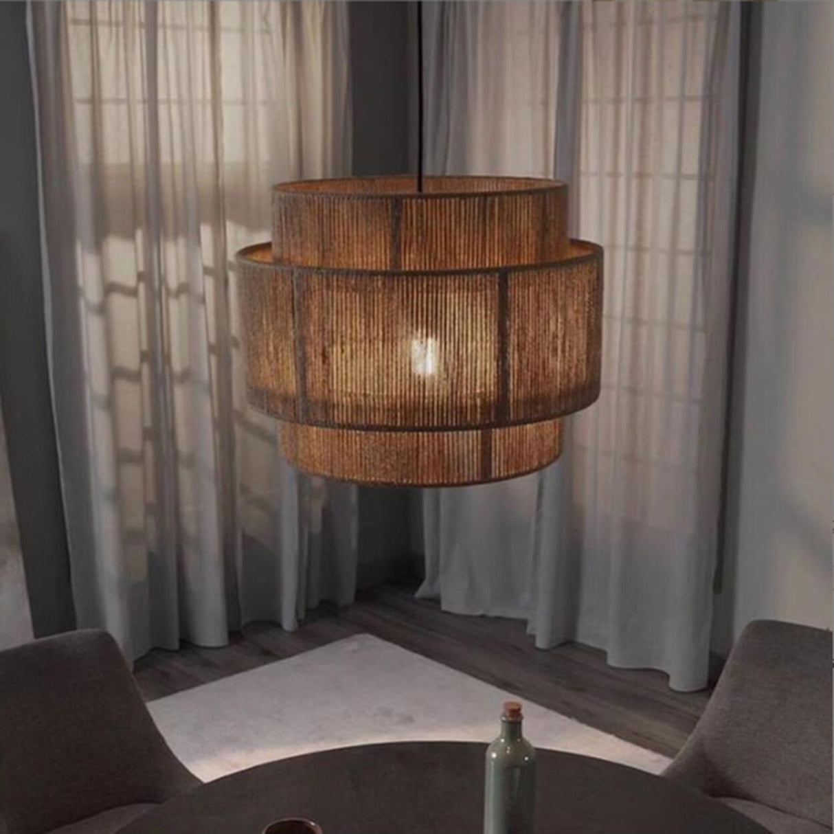 Rustic Double Layer Woven Rope Cylinder Pendant Light Image - 3