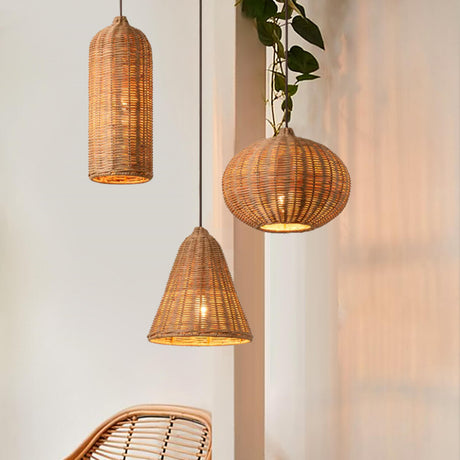 Rustic Eastern Cane Woven Rattan Pendant Light Set Image - 1